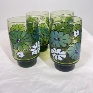 Vintage 1970s Daisy Floral Glasses Set 4 Green Tint Mid Century Retro Barware